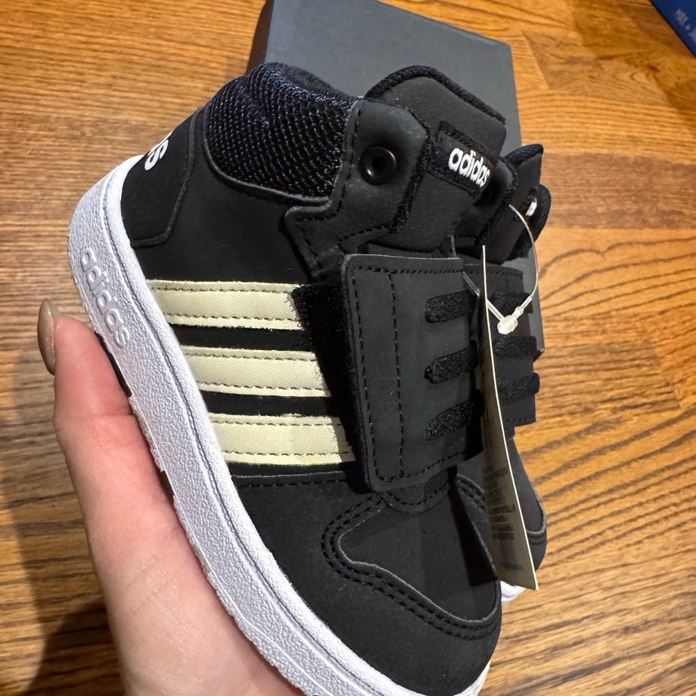 Adidas Kids Black Sneakers with Cream Stripes